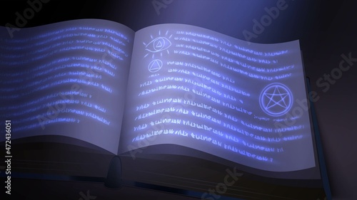 Antique book with glowing manuscripts and diagrams in the dark. Alchemy and Witchcraft