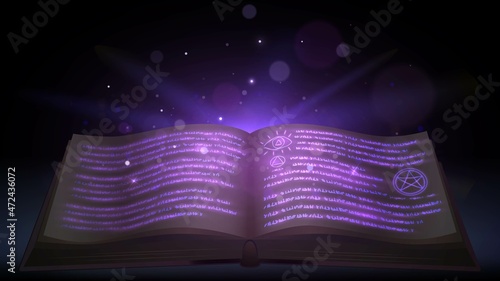 Old book with luminous manuscripts and diagrams and magic crystals in the dark. Alchemy and Witchcraft