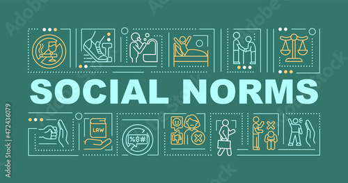Social moral norms green word concepts banner. Public culture rules. Infographics with linear icons on green background. Isolated creative typography. Vector outline color illustration with text photo