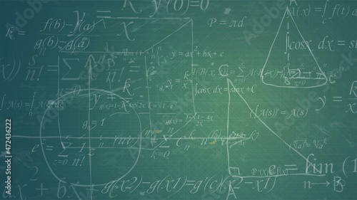 Vector background with a pattern of algebraic formulas and geometric shapes on a green school board