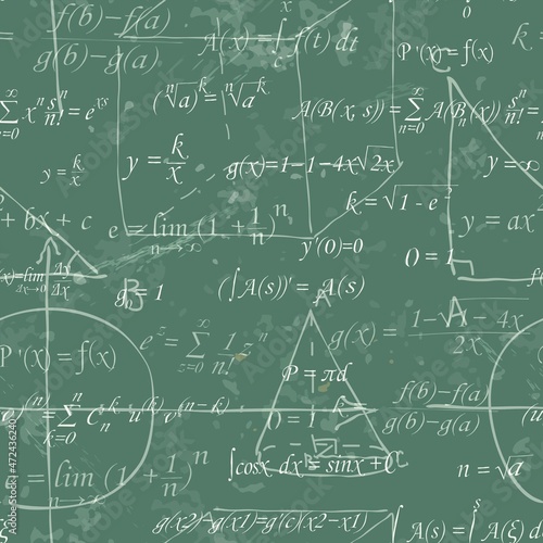 Seamless pattern with algebraic formulas and geometric shapes on a school board