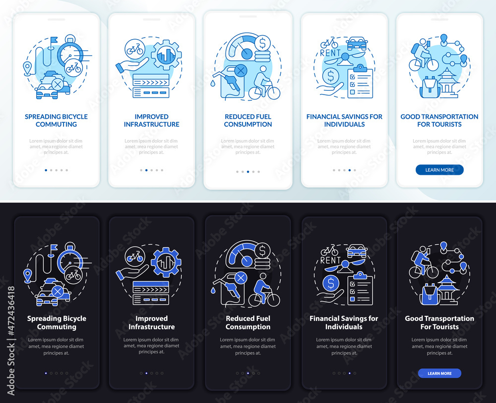 Bike-share pros onboarding mobile app page screen. Infrastructure walkthrough 5 steps graphic instructions with concepts. UI, UX, GUI vector template with linear night and day mode illustrations
