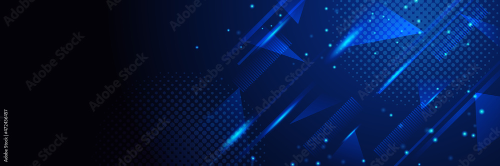 Obraz premium Abstract geometric dark navy blue banner background. Digital technology business 3D presentation abstract background. Abstract blue banner with gradient shapes