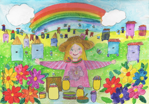 Child drawing of a farmer beekeeper selling honey in an apiary photo