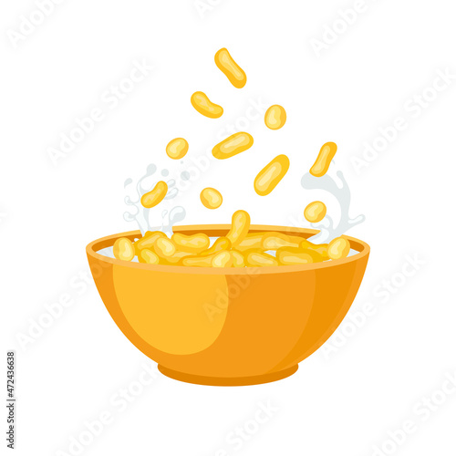 Corn Sticks Falling Into Bright Orange Bowl, Breakfast Illustration Isolated.