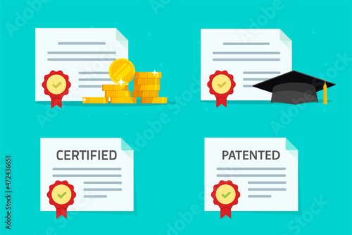 Fund grant money as financial aid help opportunity vector icons or diploma and quality certified patent document flat cartoon, education award achievement for academy, prize of winner of graduate