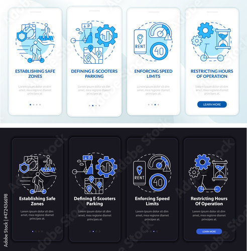 Bike sharing regulations onboarding mobile app page screen. Speed limit walkthrough 4 steps graphic instructions with concepts. UI, UX, GUI vector template with linear night and day mode illustrations