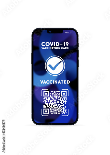 Covid 19 vaccination card icon. Online sertificate on the phone screen. Vaccine passport. Vector EPS 10. Isolated on white background