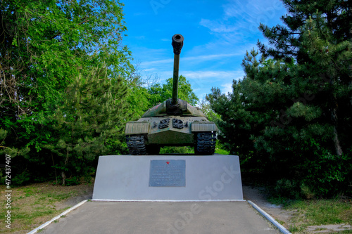 Military tank IS-3 fought during the Great Patriotic War, front view.