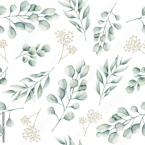 Fototapeta Naklejka Na Ścianę i Meble -  Watercolor seamless pattern with eucalyptus branches and flowers. Isolated on white background. Hand drawn clipart. Perfect for card, fabric, tags, invitation, printing, wrapping. 