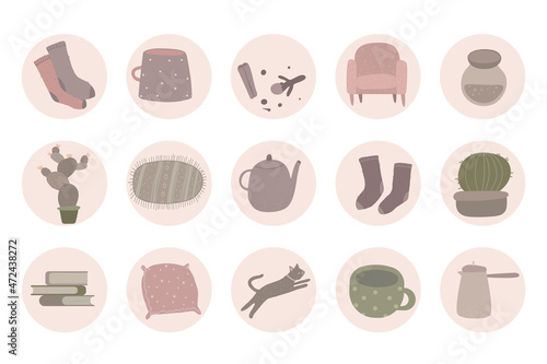 set of round icons for social media stories. Abstract various highlight covers with cozy, cute and home objects,  boho style.