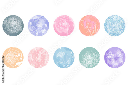 Highlight cover set, abstract floral botanical icons for social media. vector illustration. watercolor design. set of instagram story highlights covers icons. colorful watercolor background