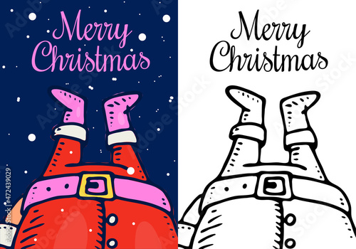 Santa claus feet. Merry Christmas banner. Upside down. New Year label. Poster template. Vintage sticker Flyer or labels. Engraved hand drawn sketch