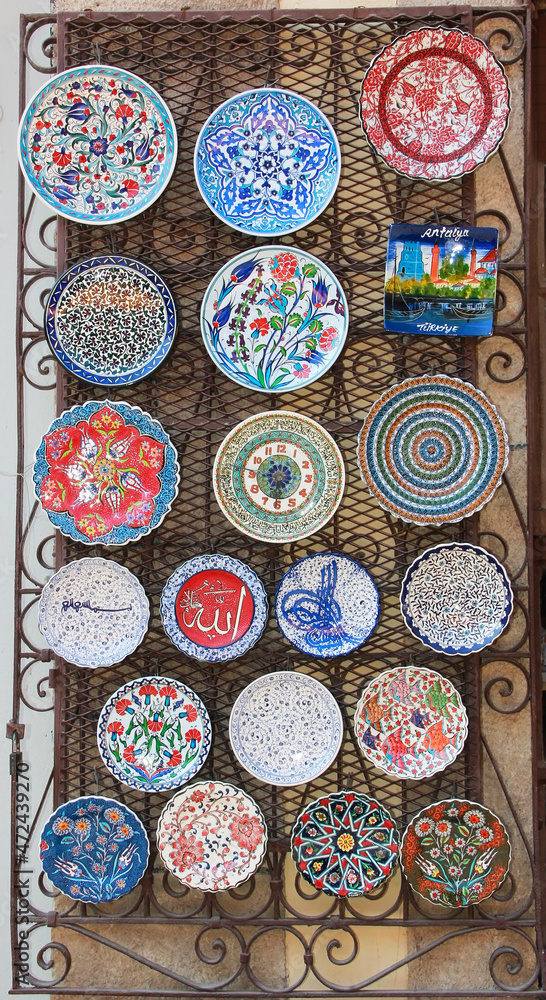 Antalya, Turkey September 17, 2021. Round plates with colorful oriental ornaments