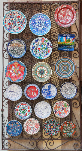 Antalya  Turkey September 17  2021. Round plates with colorful oriental ornaments