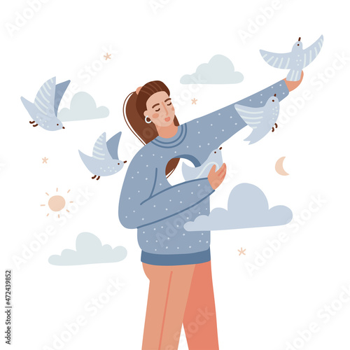 Young sad woman frees the birds from her chest. A girl with a hole in her chest concept. The psychological metaphor of mental health, manipulation or dependence. Vector flat hand drawn illustration