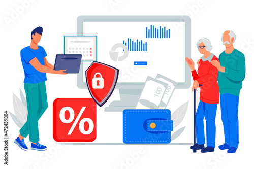 Bank clerk explaining elderly people about retirement pension and money saving program. Pension fund savings and bank account insurance for money safety, flat vector isolated on white background.