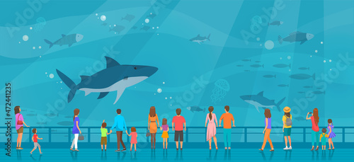 People watching underwater scenery with sea animals in oceanarium. Underwater fauna with fish, seaweed, whale, jellyfish. Marine world representatives. Oceanarium visitors look at fish in aquarium