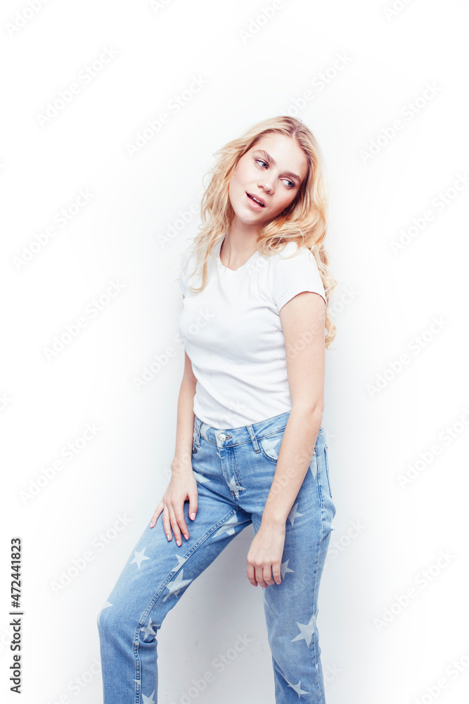 young pretty stylish blond hipster girl posing emotional isolated on white background happy smiling cool smile, lifestyle people concept young pretty stylish blond hipster girl posing emotional isolated on white background happy smiling cool smile, lifestyle people concept
