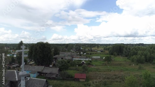 rural landscape in Russia, aerial photo, top view of the village, Church