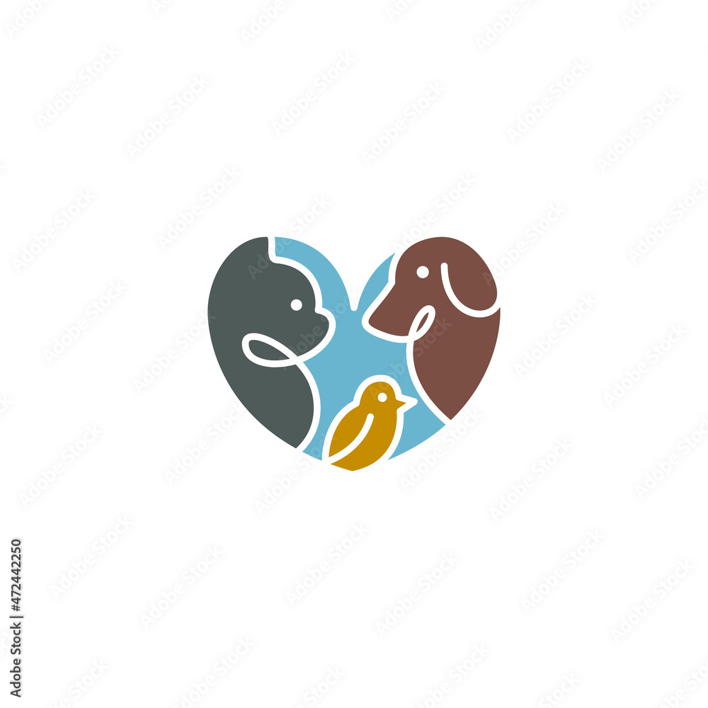 Obraz premium Cat, dog and bird inside the heart. vector symbol