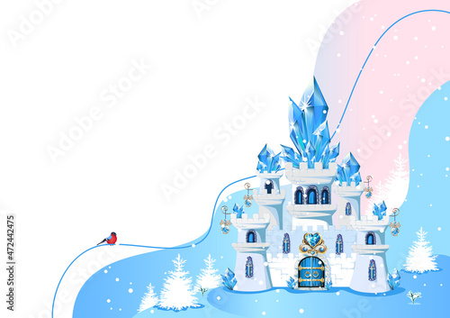 Fairy tale blue castle for a beautiful princess and prince with towers and blue crystals. Vector illustration of a magic castle on a winter background with mountains and snowfall.