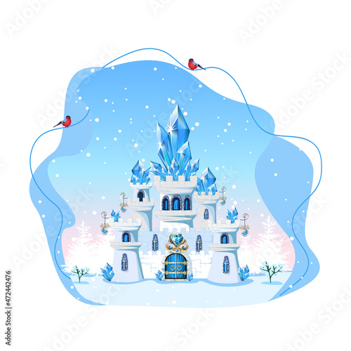 Fairy tale blue castle for a beautiful princess and prince with towers and blue crystals. Vector illustration of a magic castle on a winter background with mountains and snowfall.
