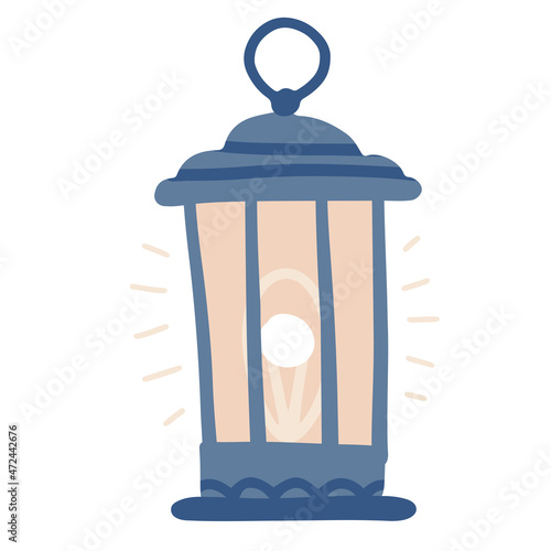 amp in lantern box with handle, decorative interior. Warmth and homelike atmosphere, Christmas and new year symbol.Freehand isolated element. Vector flat Illustration. Only 5 colors - Easy to recolor.