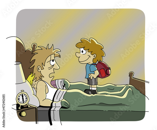Cute boy, kid, child ready to go to school and waking up his parents from their bedroom bed, early in the morning. Funny colorful cartoon style vector illustration.