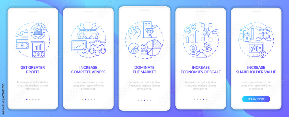 Importance of business expansion blue gradient onboarding mobile app page screen. Walkthrough 5 steps graphic instructions with concepts. UI, UX, GUI vector template with linear color illustrations