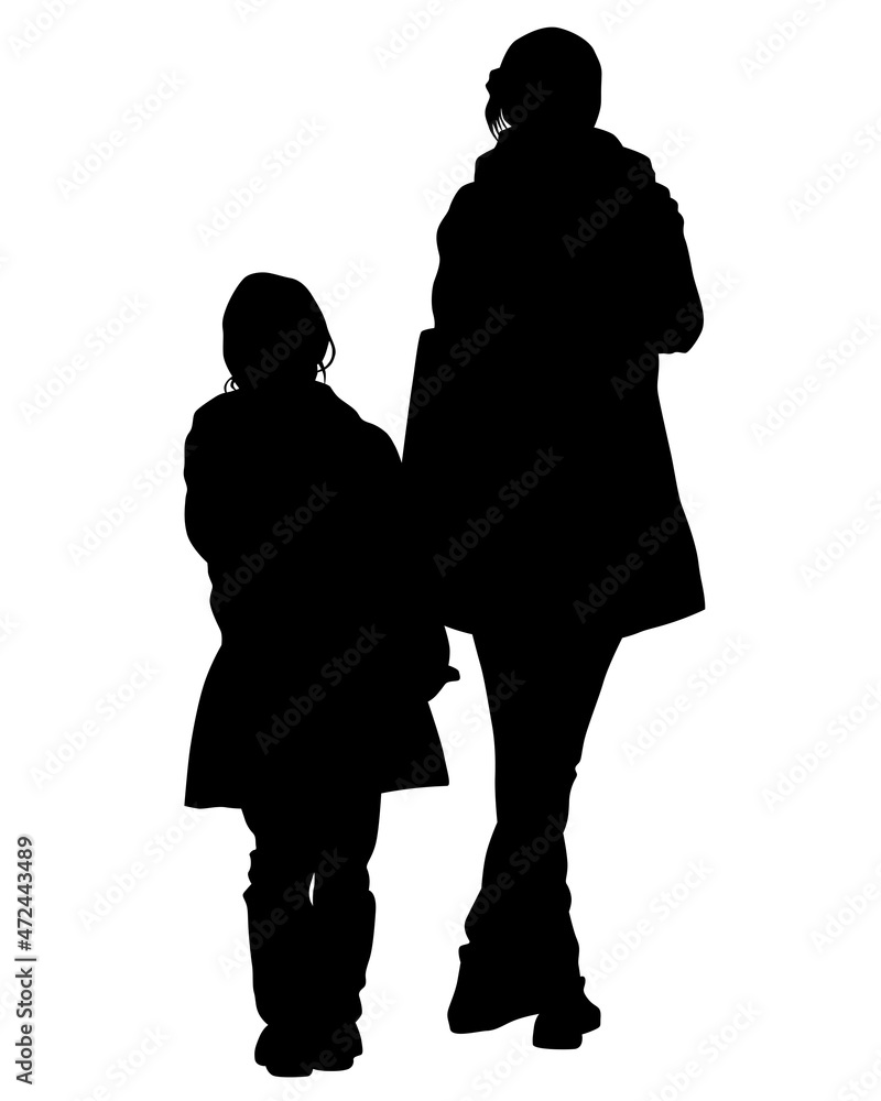 Mom with little child on street. Isolated silhouettes of people on white background