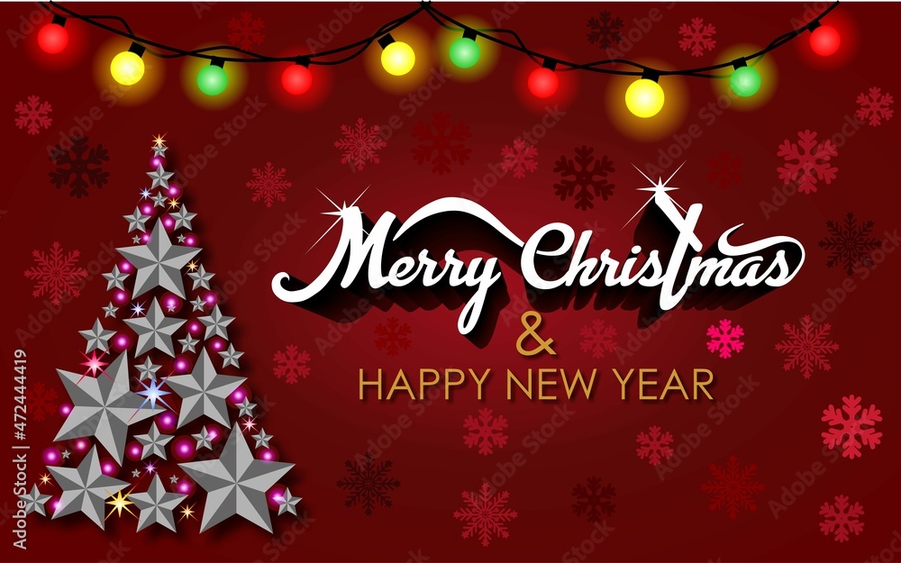 Naklejka premium Merry Christmas and happy new year concept banner with dark red background, colorful light balloons, christmas tree made of stars and sprinkles of snowflakes