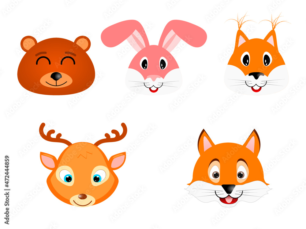 Fototapeta premium Set of funny forest animals. Bear, hare, squirrel, deer, fox