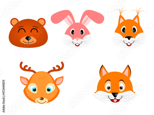 Set of funny forest animals. Bear, hare, squirrel, deer, fox