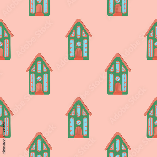 A pattern of multi-colored flat art nouveau houses. House with unusual windows. EPS 10 without transparencies.