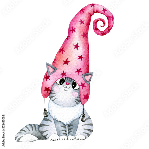 Christmas cat watercolor illustration, Christmas clipart, Christmas card