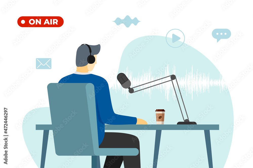 On air live podcast or broadcast concept. Radio news vector eps illustration. Man DJ in headset with microphone at studio. Male journalist working