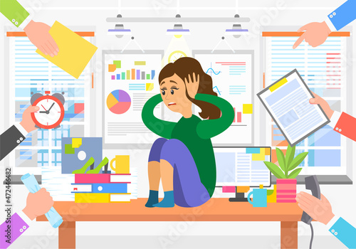 Deadline business concept, fear of a lot of work. Businesswoman is afraid of multitasking. Scared woman sitting on table holding her head with hands in awe. Female in stress cause of many errands
