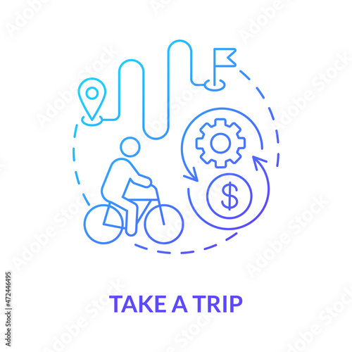 Take trip blue gradient concept icon. Bicycle sharing usage abstract idea thin line illustration. Using micro mobility vehicle. Self-service bike station. Vector isolated outline color drawing