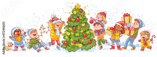 Group of small children decorate the Christmas tree outside. Kids playing in winter outdoors. Colorful cartoon characters. Funny vector illustration. Isolated on white background. Seamless panorama