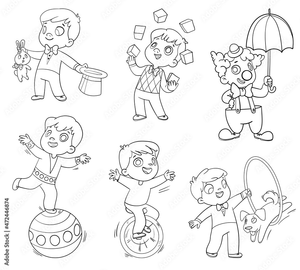 Little boy performs different circus tricks. Clown. Juggler. Magician. Acrobat. Animal trainer. Cartoon characters. Funny vector illustration. Isolated on white background. Coloring book. Set