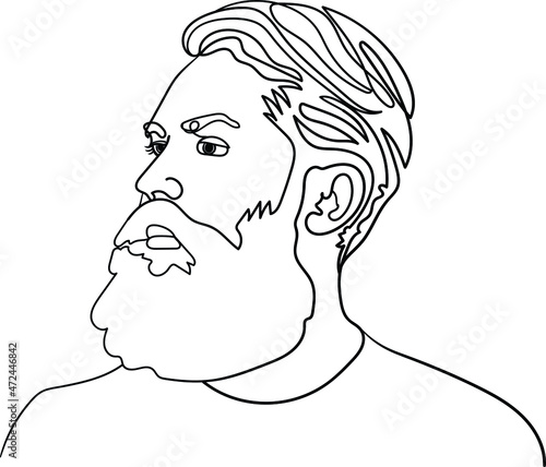 A man in profile with a large beard. Linear vector drawing. Lineart.