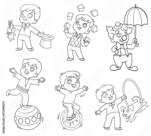 Little boy performs different circus tricks. Clown. Juggler. Magician. Acrobat. Animal trainer. Cartoon characters. Funny vector illustration. Isolated on white background. Coloring book. Set