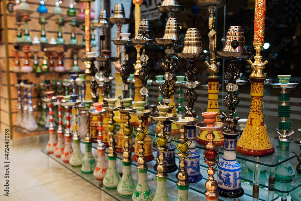 Fototapeta premium Many different hookahs in oriental store