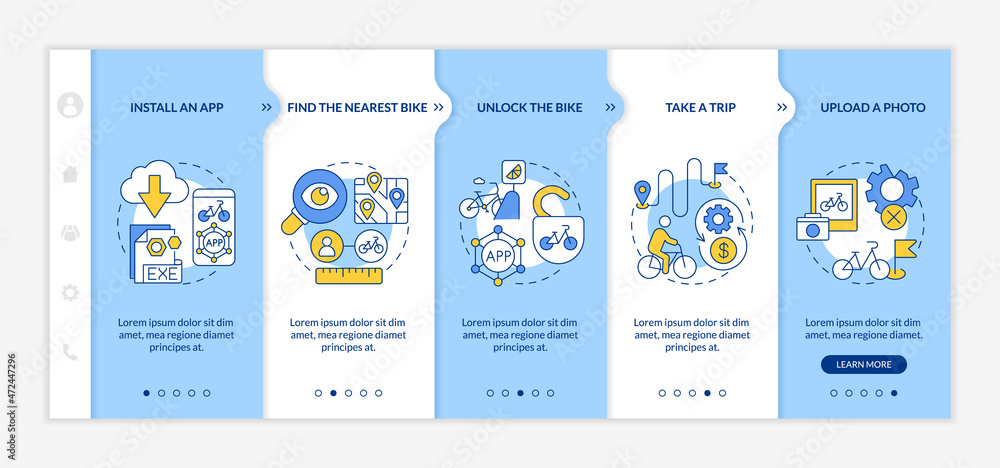 Bicycle share guide onboarding vector template. Responsive mobile website with icons. Web page walkthrough 5 step screens. Install app and find nearest bike color concept with linear illustrations Bicycle share guide onboarding vector template. Responsive mobile website with icons. Web page walkthrough 5 step screens. Install app and find nearest bike color concept with linear illustrations