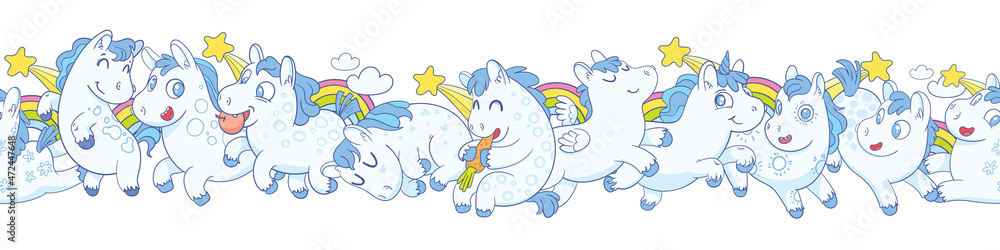 Cute little ponies. Funny cartoon character. Vector illustration. Isolated on white background. Seamless panorama for baby print