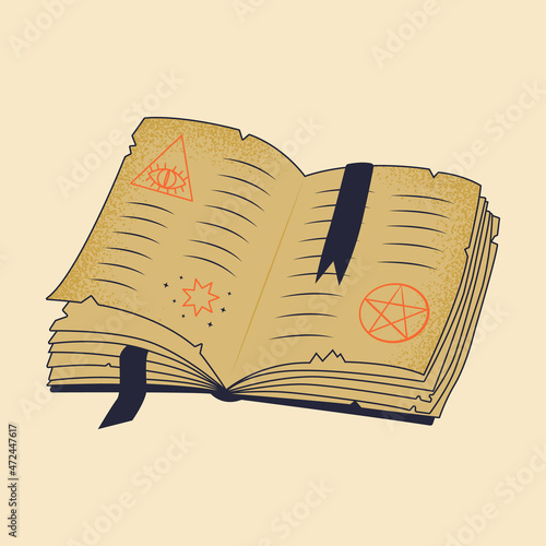 Old ancient open book with magic spells isolated vector illustration. Witchcraft aged paper with occult and celestial symbols. Hand drawn witch library element