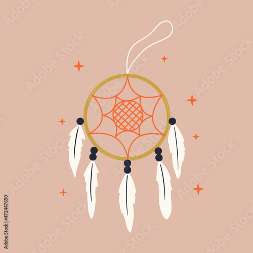 Dream catcher hanging amulet. Hand drawn ethnic element with feathers. Native magic decoration for sleep. Vector ilustration