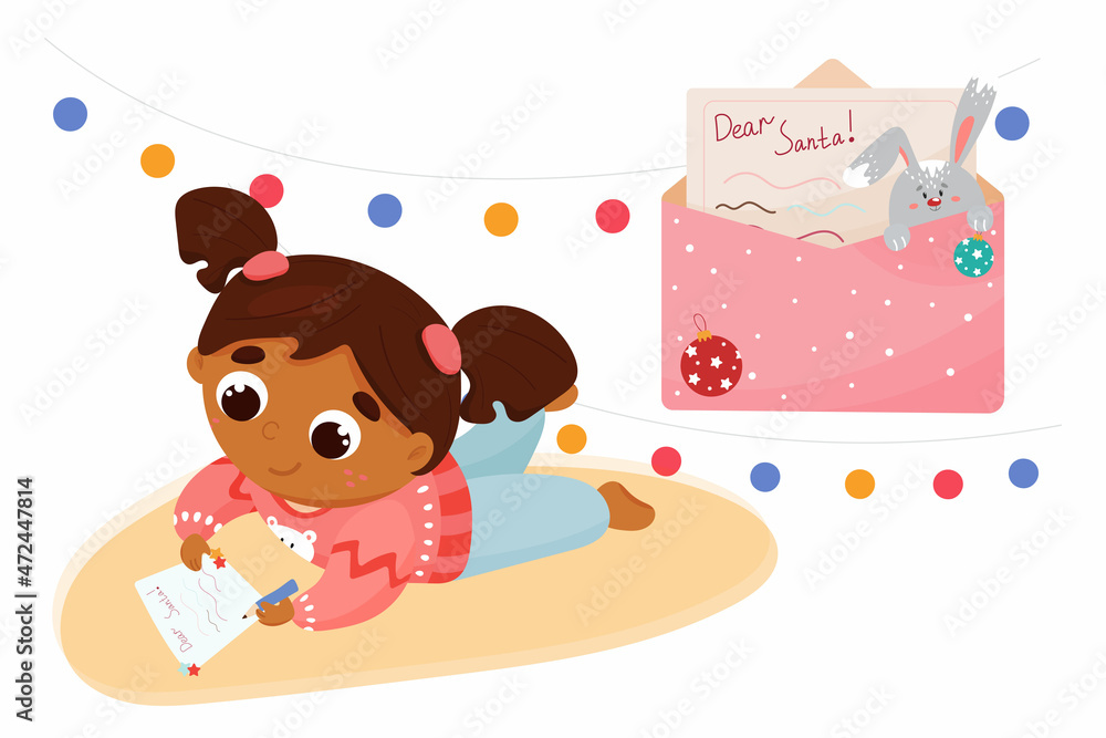 Fototapeta premium African American black little girl writing letter to Santa Claus for Christmas