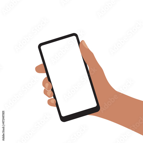 A smartphone in a human hand. A mobile phone with an empty screen is held by a human hand